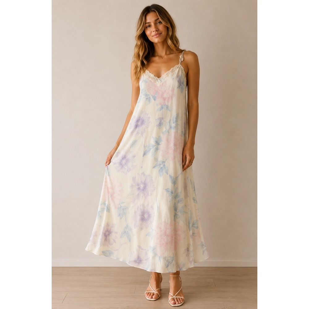 Vintage Valerie Stevens Sheer Pastel Floral Maxi Slip Dress Lace Trim Medium Y2K